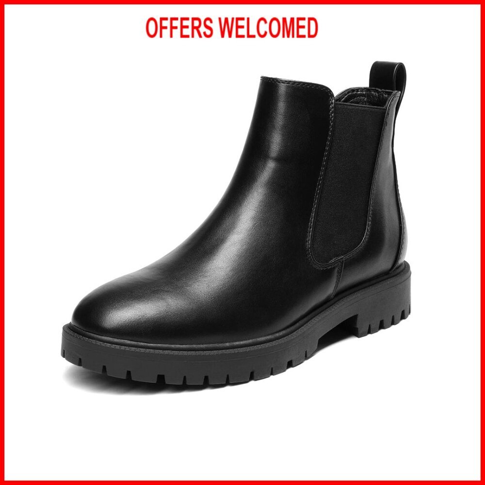 Women's Slip-On Chelsea Boots Low Heel Ankle Booties Synthetic Leather - Picture 1 of 7